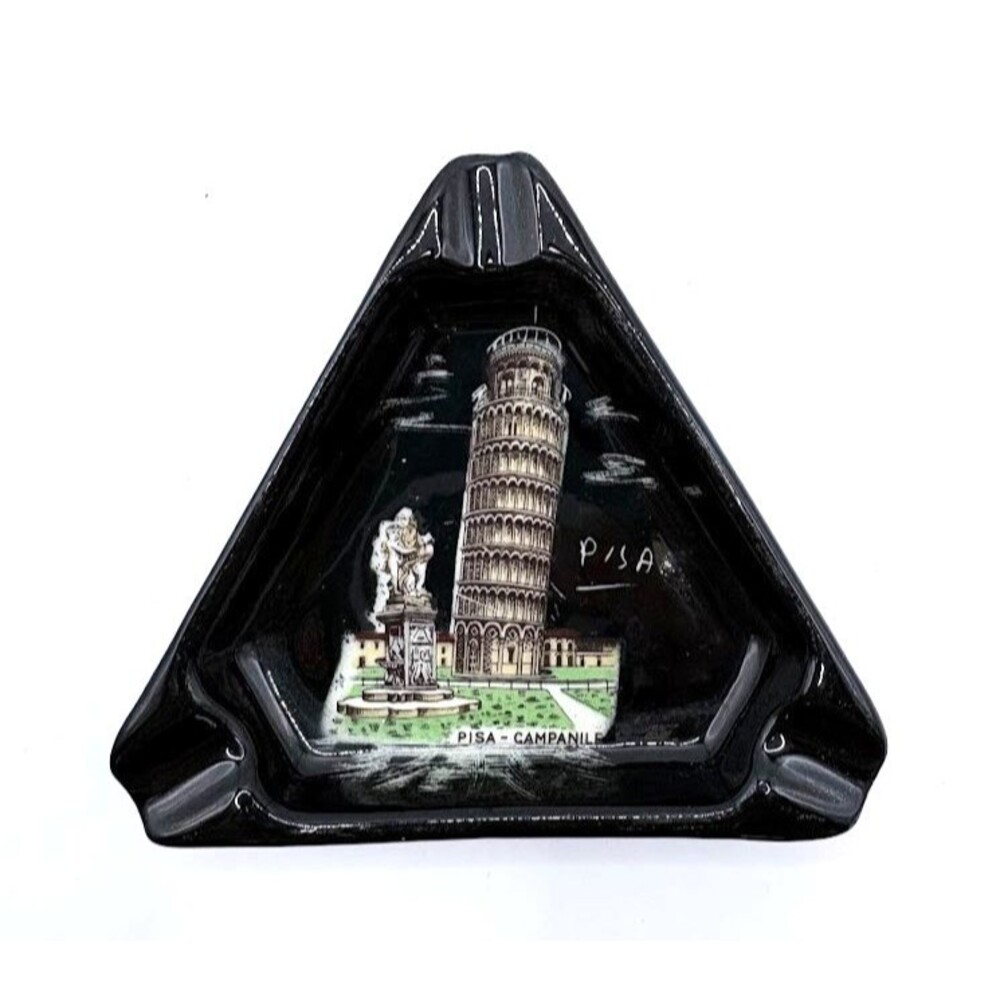 Vintage Pisa Italy Leaning Tower Ceramic Ashtray Triangular Black Souvenir